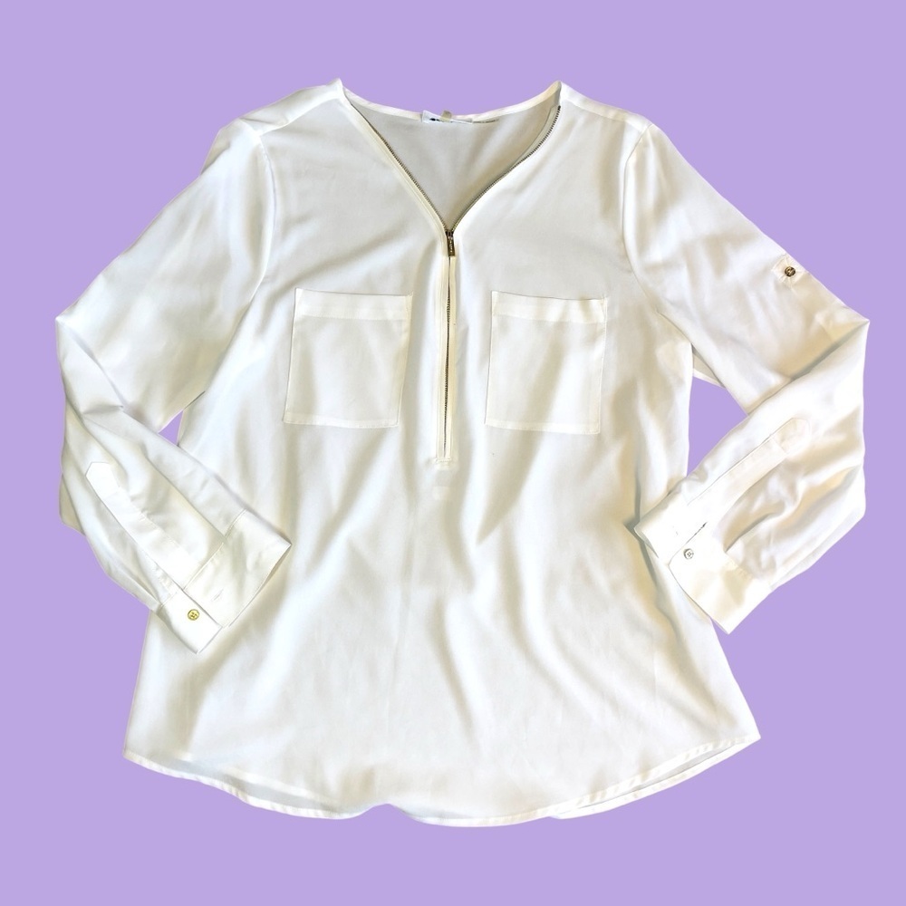 Calvin Klein white quarter zip sheer pocket blouse XL